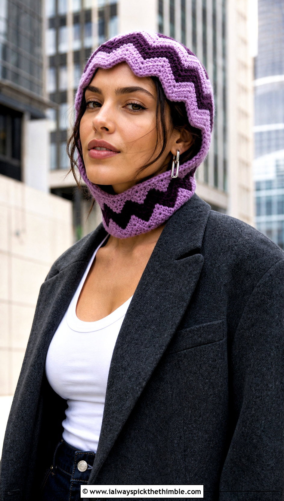 Chevron Crochet Bonnet With Blazer And Jeans - 25 crochet bonnet outfit ideas