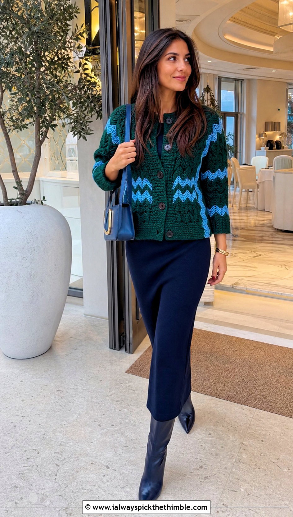 Chevron Crochet Cardigan Sweater With Column Dress - 20 Chevron Crochet Sweater outfit ideas