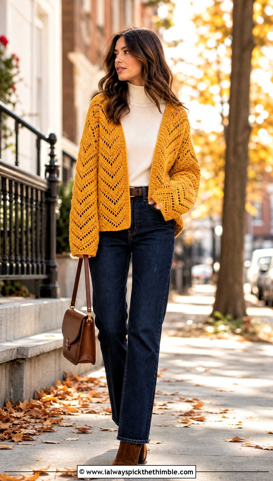 Chevron Crochet Cardigan With Dark Denim - 20 unique crochet cardigan outfit ideas