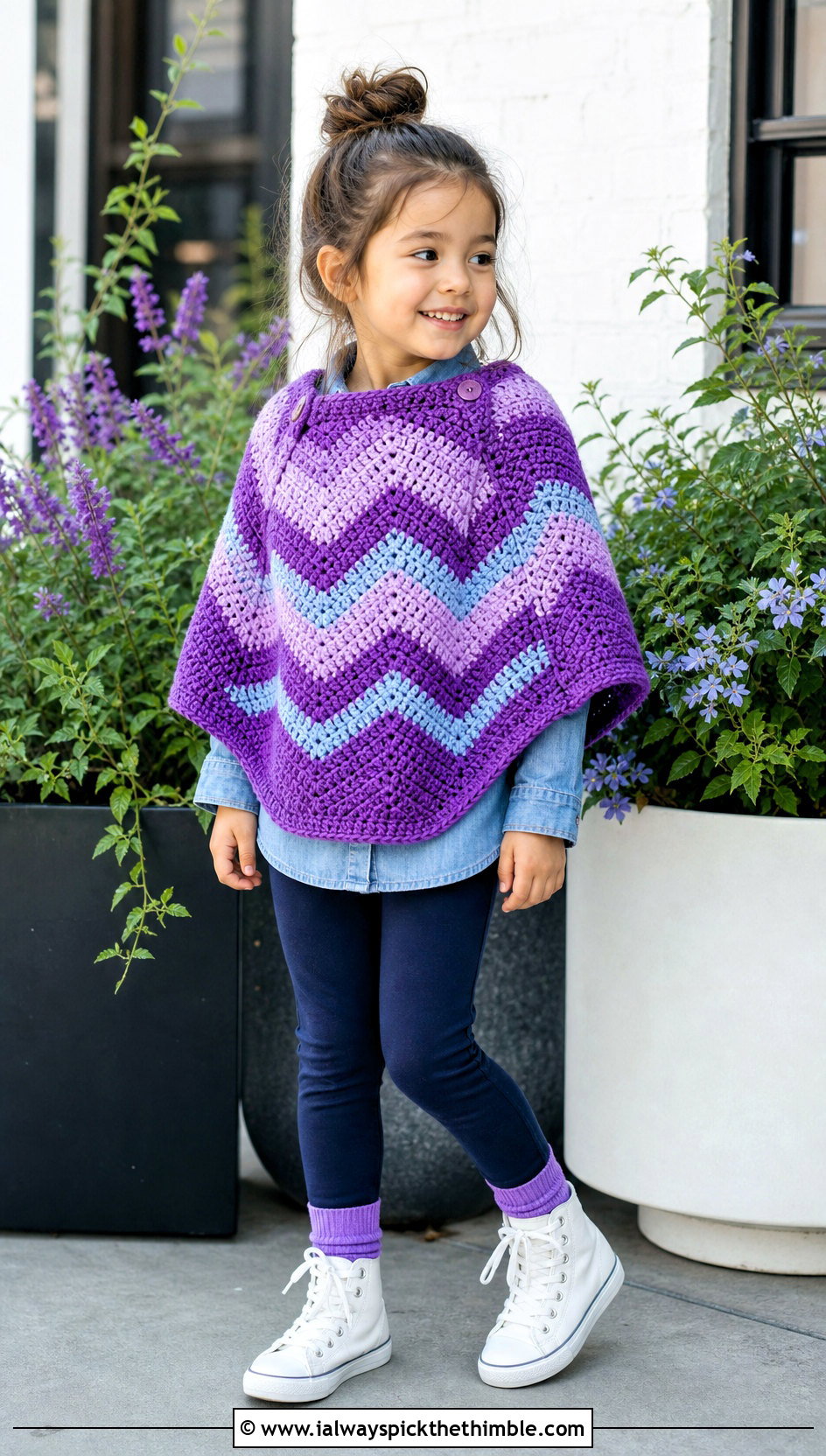 Chevron Crochet Carseat Poncho With Chambray Shirt And Leggings - 20 Crochet Carseat Poncho outfit ideas