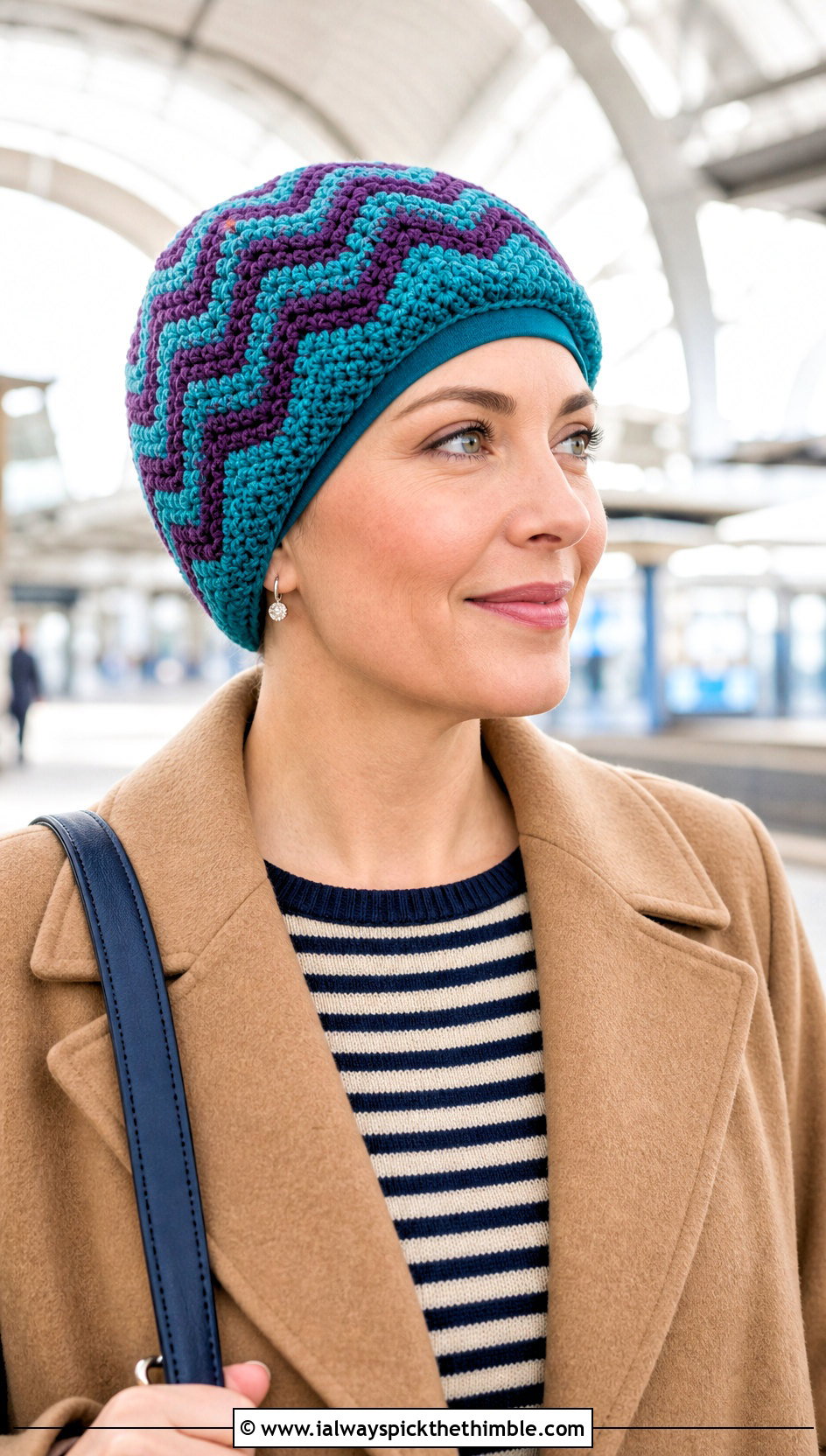 Chevron Crochet Chemo Cap With Striped Sweater - 25 crochet chemo caps outfit ideas