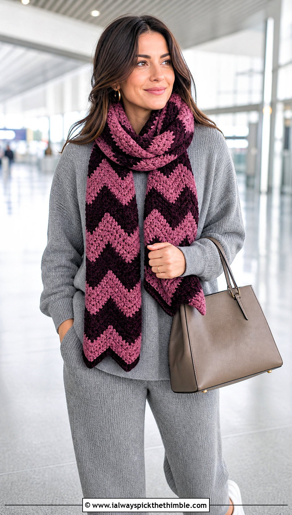 Chevron Crochet Chenille Scarf With Monochrome Knit Set - 20 crochet chenille scarf outfit ideas