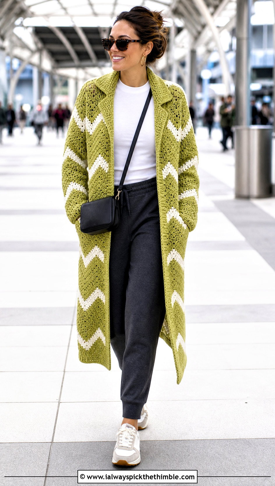 Chevron Crochet Coat With Joggers And Sneakers - 25 crochet coat outfit ideas