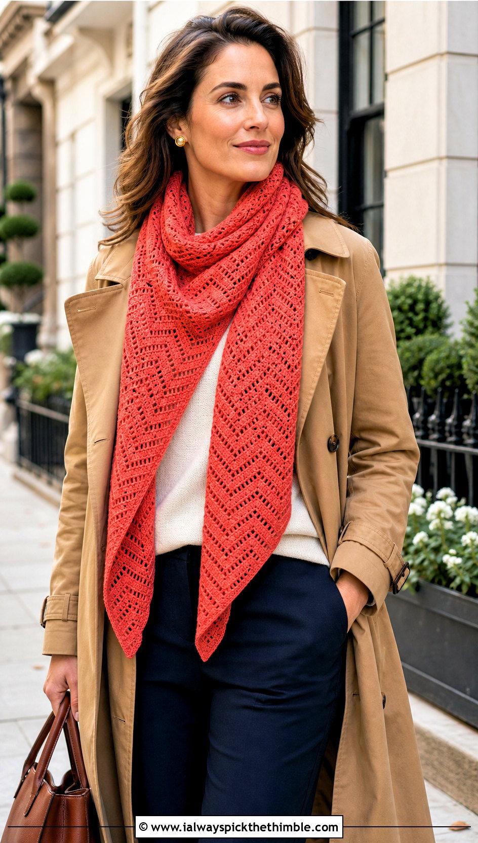 Chevron Crochet Cotton Shawl With Trench Coat - 15 Crochet Cotton Shawl outfit ideas