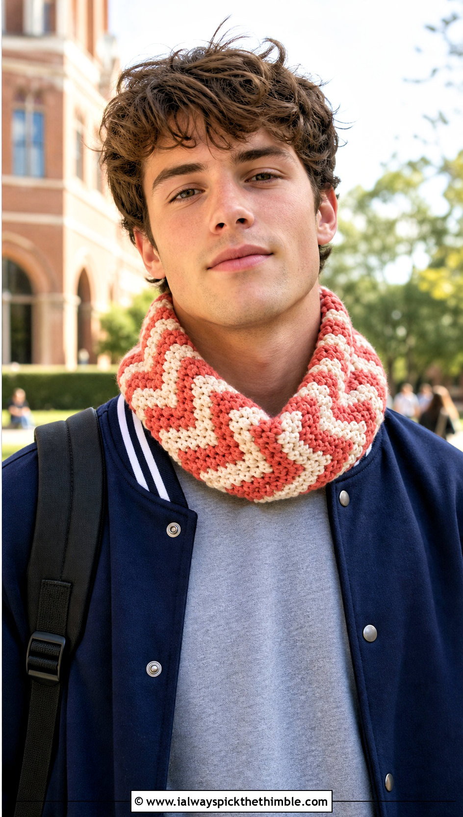 Chevron Crochet Cowl With Varsity Jacket - 20 Men Crochet Cowl outfit ideas