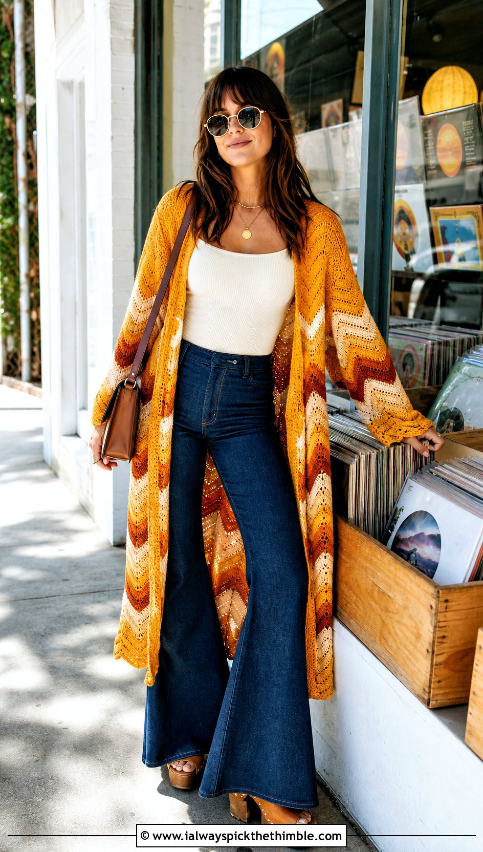 Chevron Crochet Duster Cardigan With Flared Jeans - 25 crochet duster cardigan outfit ideas