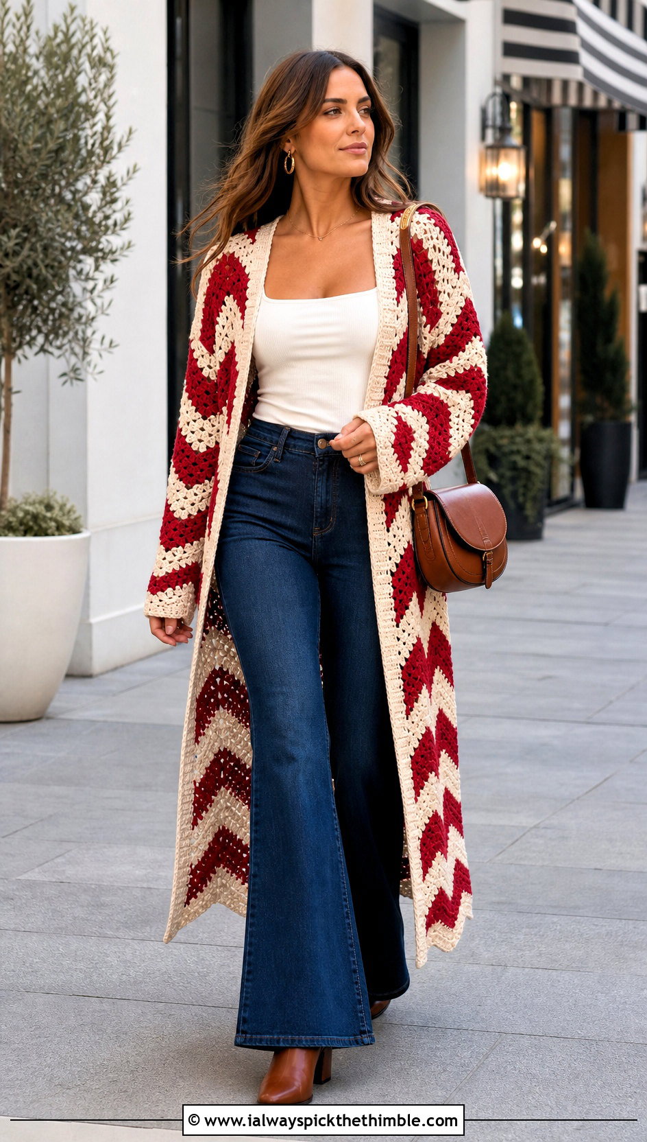 Chevron Crochet Duster With Flared Jeans - 25 crochet long jacket outfit ideas