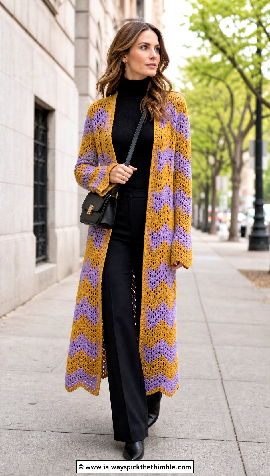 Chevron Crochet Duster With Turtleneck And Straight Leg Pants - 20 Easy Crochet Duster outfit ideas
