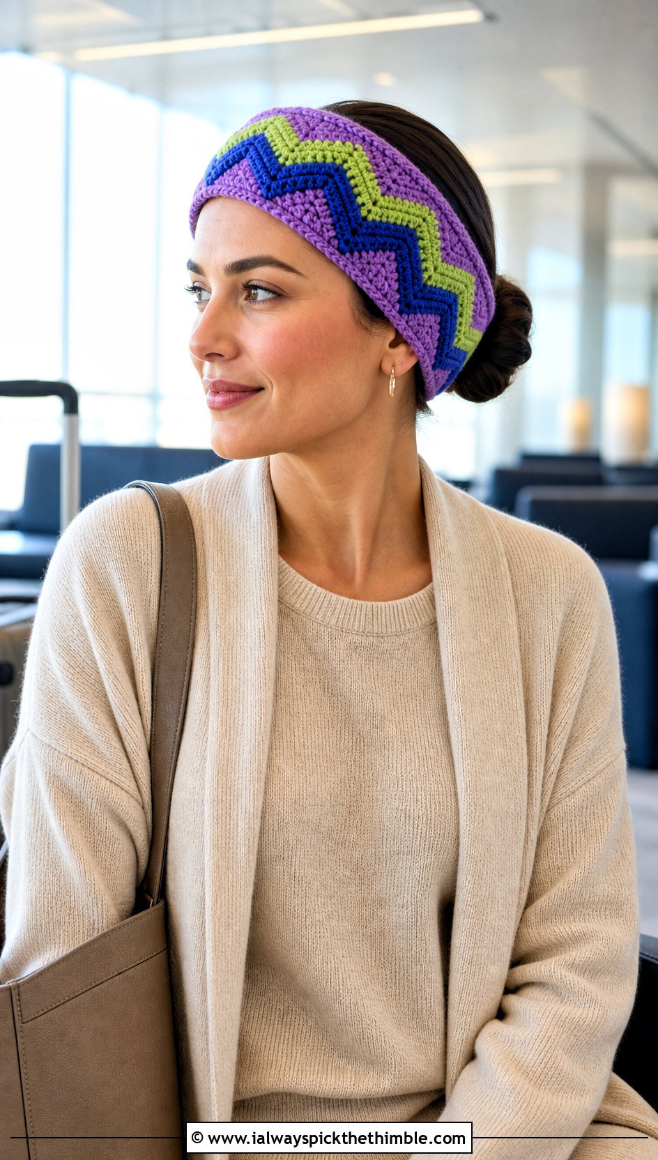 Chevron Crochet Ear Headband With Monochrome Knit Outfit - 20 crochet ear headband outfit ideas