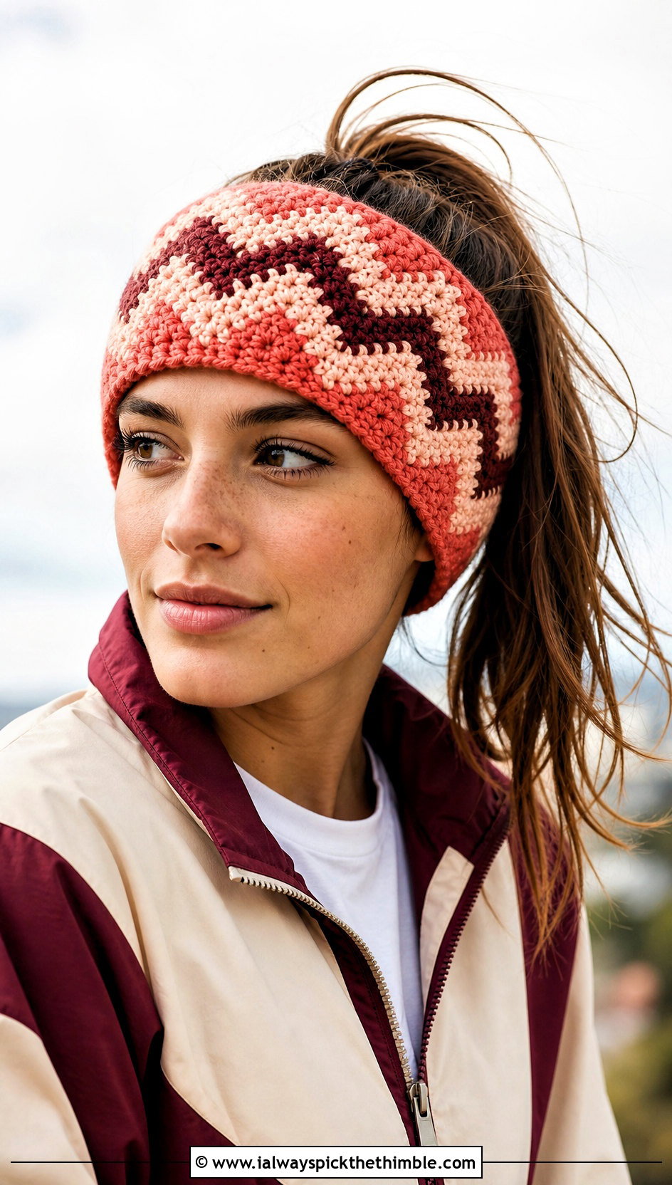 Chevron Crochet Ear Warmer With Color Block Jacket - 20 Crochet Headband Ear Warmer outfit ideas