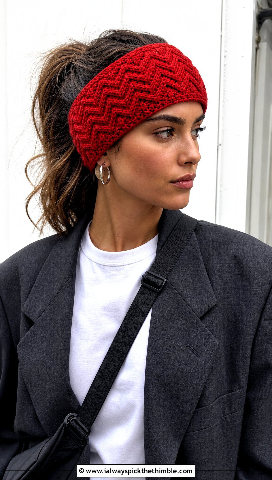Chevron Crochet Ear Warmer With Oversized Blazer - 15 Quick And Easy Crochet Ear Warmers outfit ideas