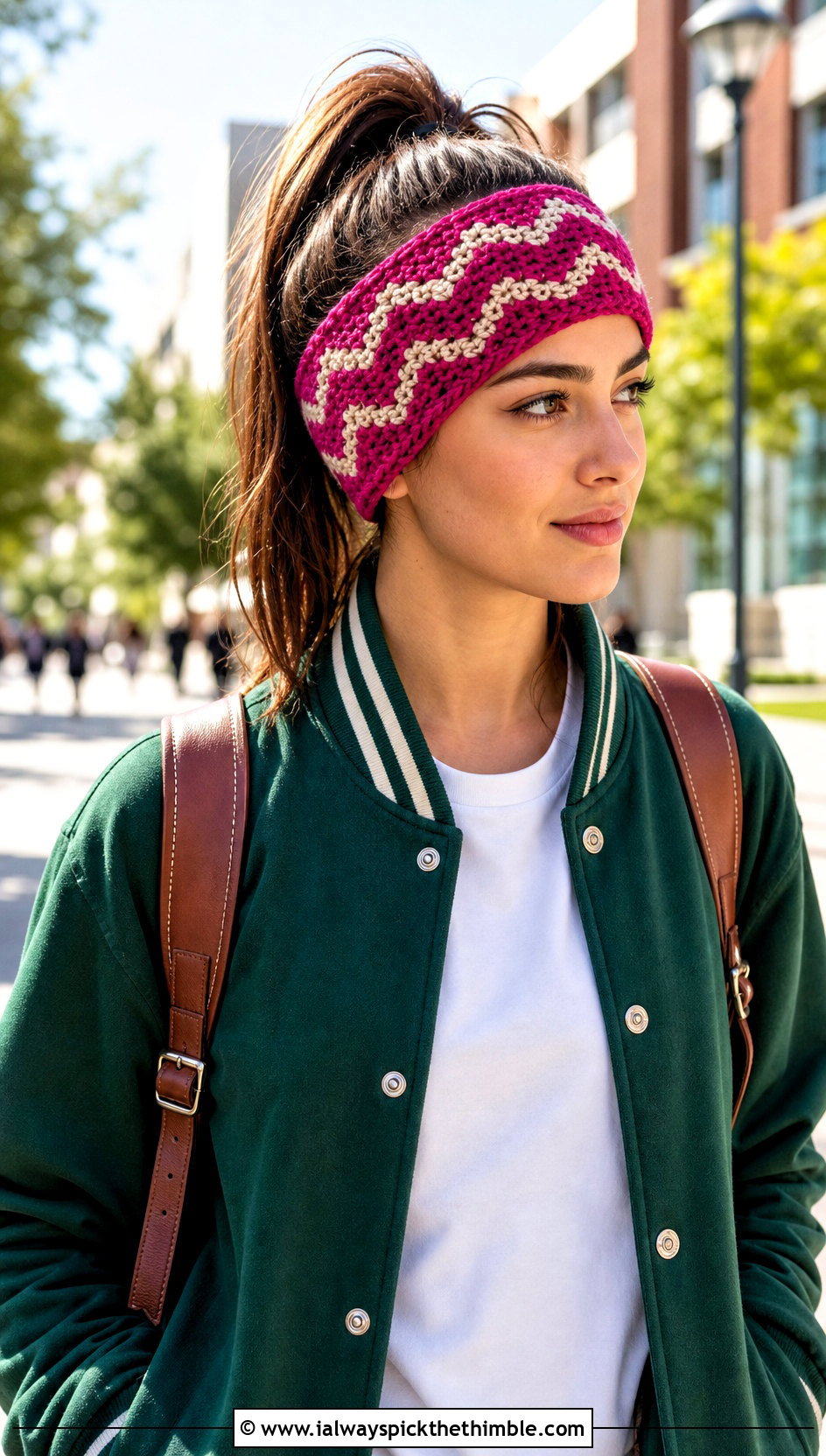 Chevron Crochet Ear Warmer With Varsity Jacket - 25 Easy Crochet Ear Warmer outfit ideas