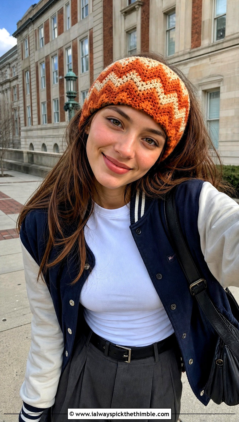 Chevron Crochet Ear Warmer With Varsity Jacket - 20 Diy Crochet Headband Ear Warmers outfit ideas
