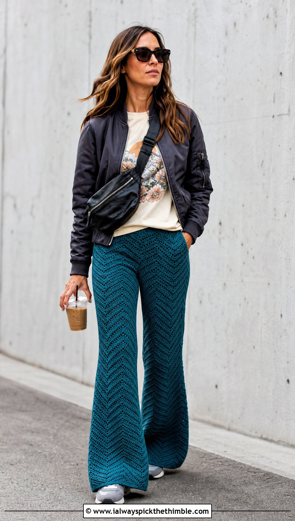 Chevron Crochet Flare Pants With Graphic T Shirt - 20 flare crochet pants outfit ideas