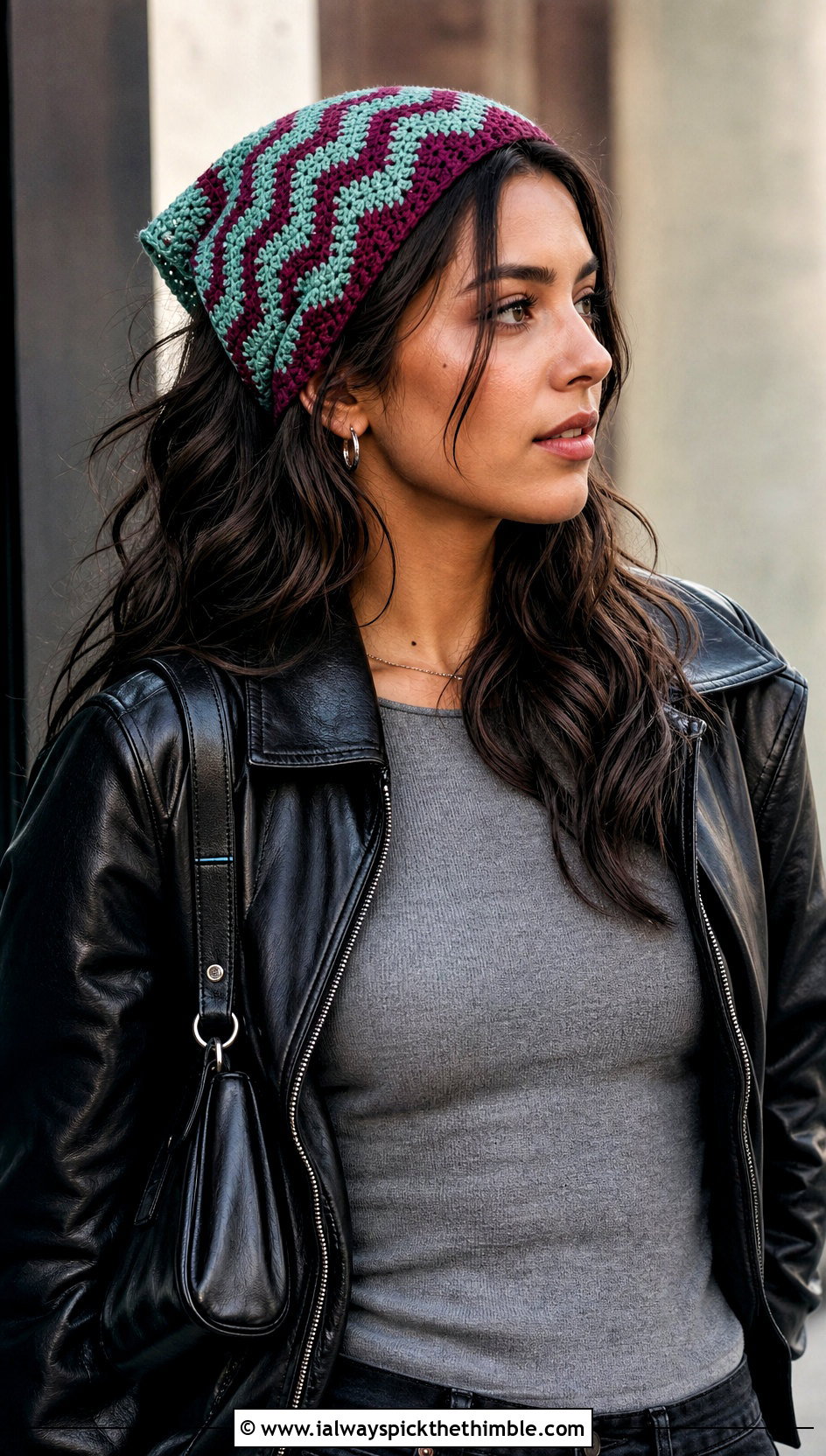 Chevron Crochet Hair Scarf With Leather Jacket - 25 crochet hair scarf outfit ideas