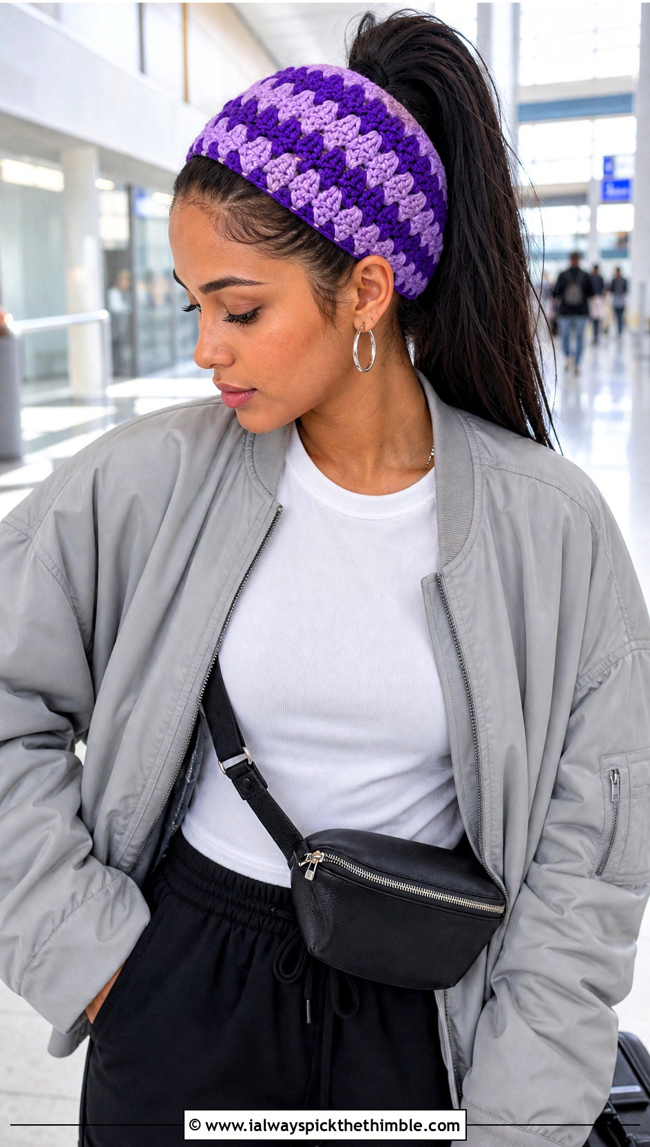 Chevron Crochet Hair Wrap With Bomber Jacket And Joggers - 20 crochet hair wraps outfit ideas