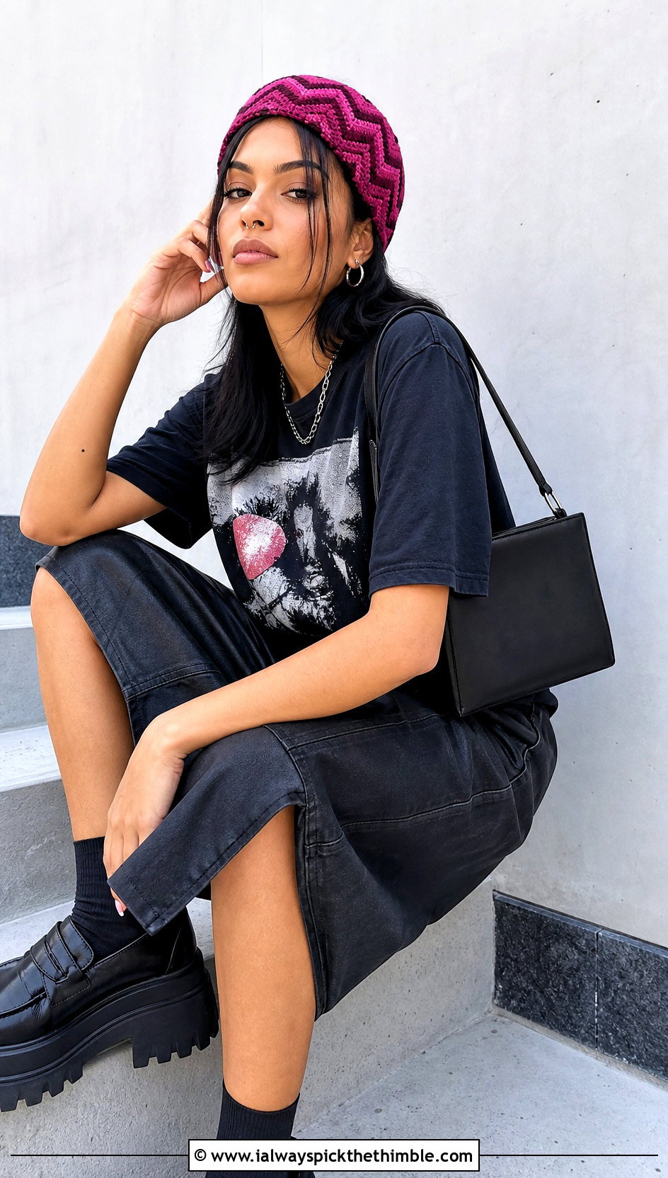 Chevron Crochet Hair Wrap With Graphic Tee And Leather Skirt - 25 crochet hair wrap outfit ideas