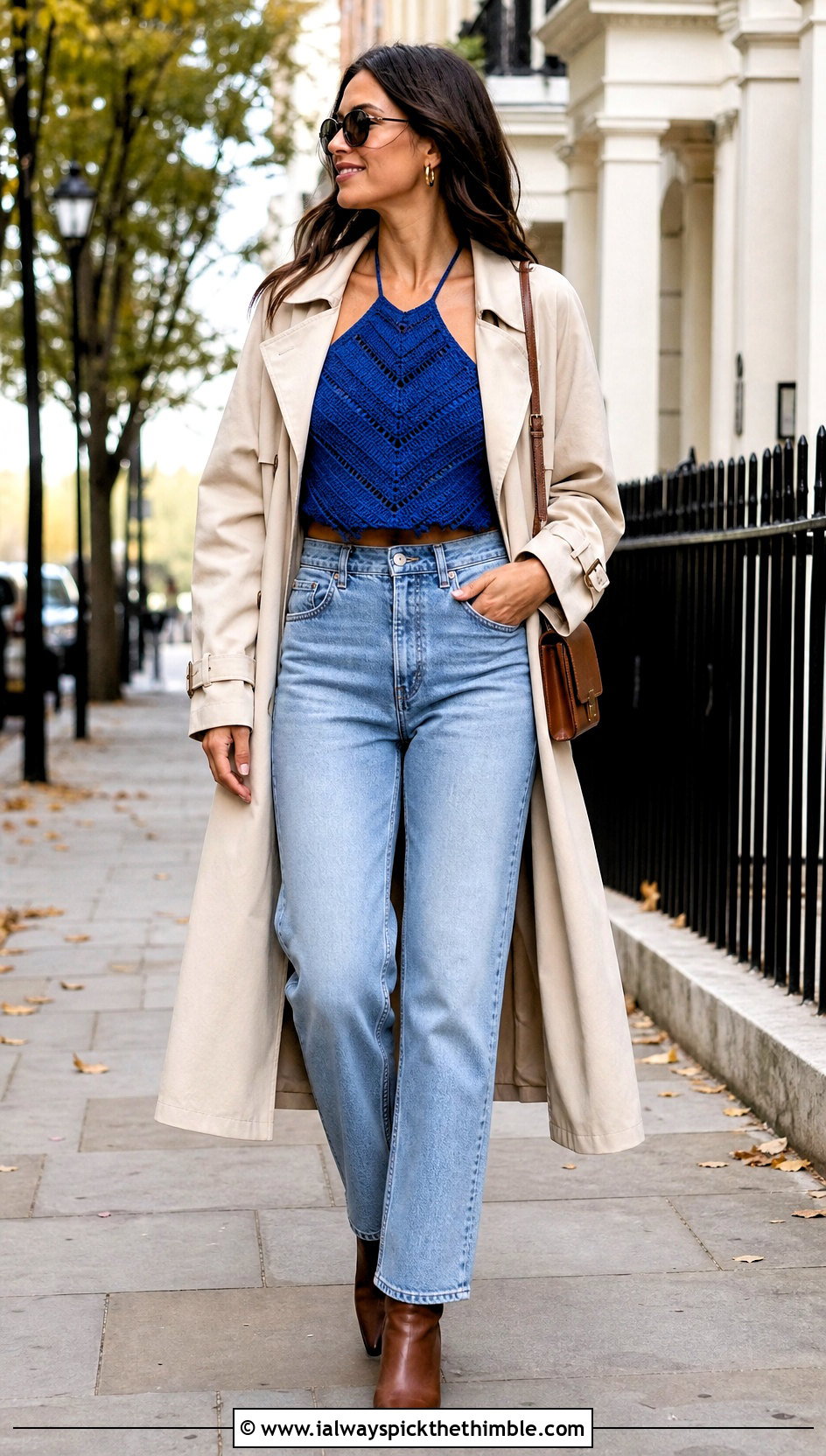 Chevron Crochet Halter Top With Straight Leg Jeans And Trench Coat - 25 easy crochet halter top outfit ideas