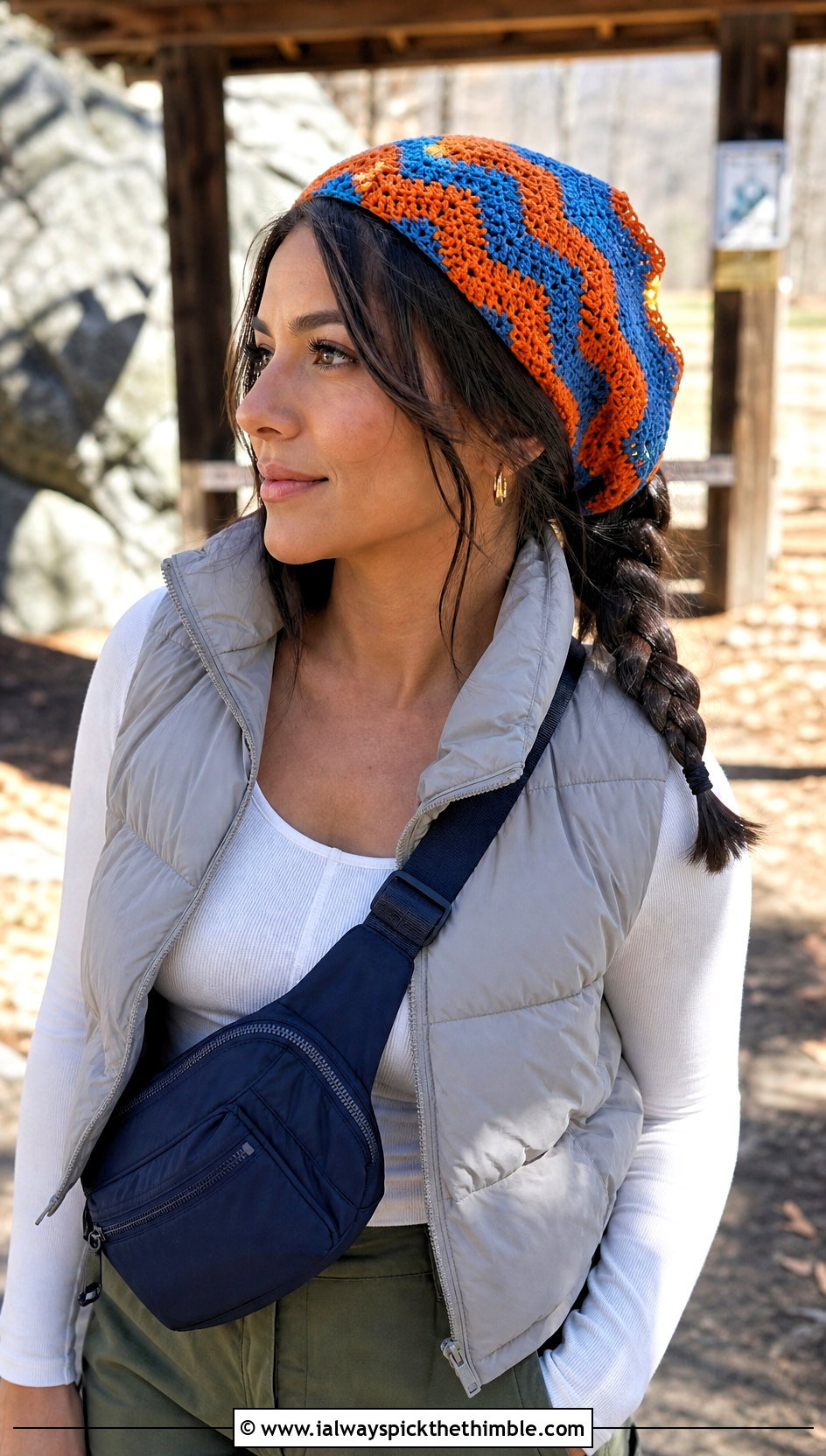 Chevron Crochet Head Scarf With Puffer Vest - 25 crochet head scarf outfit ideas