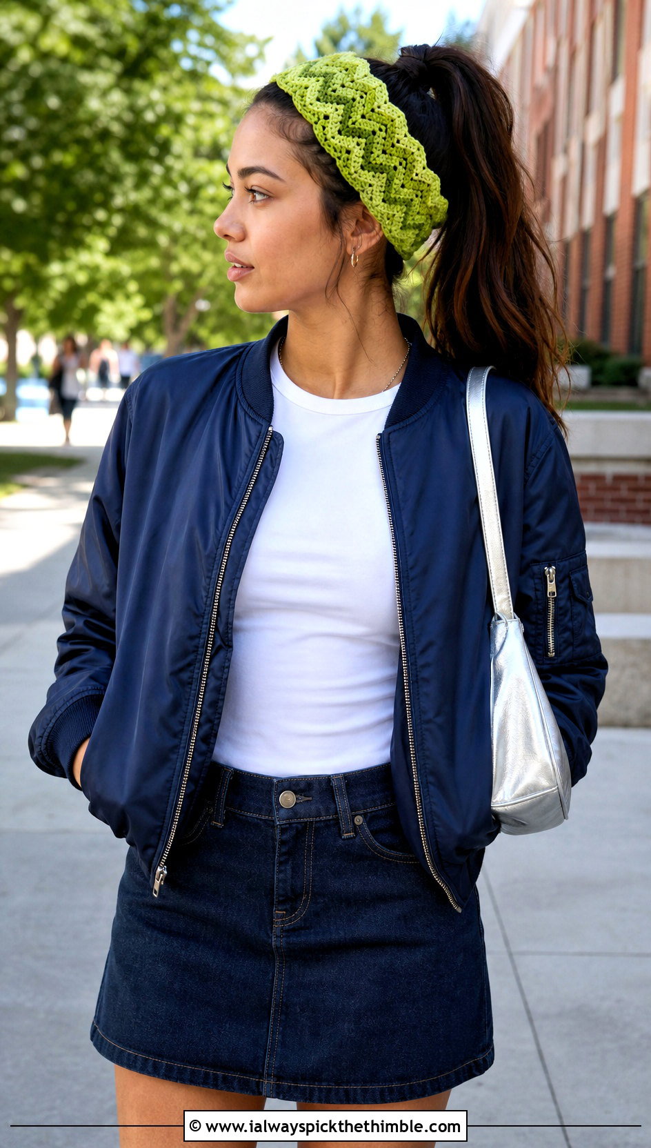 Chevron Crochet Headband With Bomber Jacket And Mini Skirt - 25 simple crochet headband outfit ideas