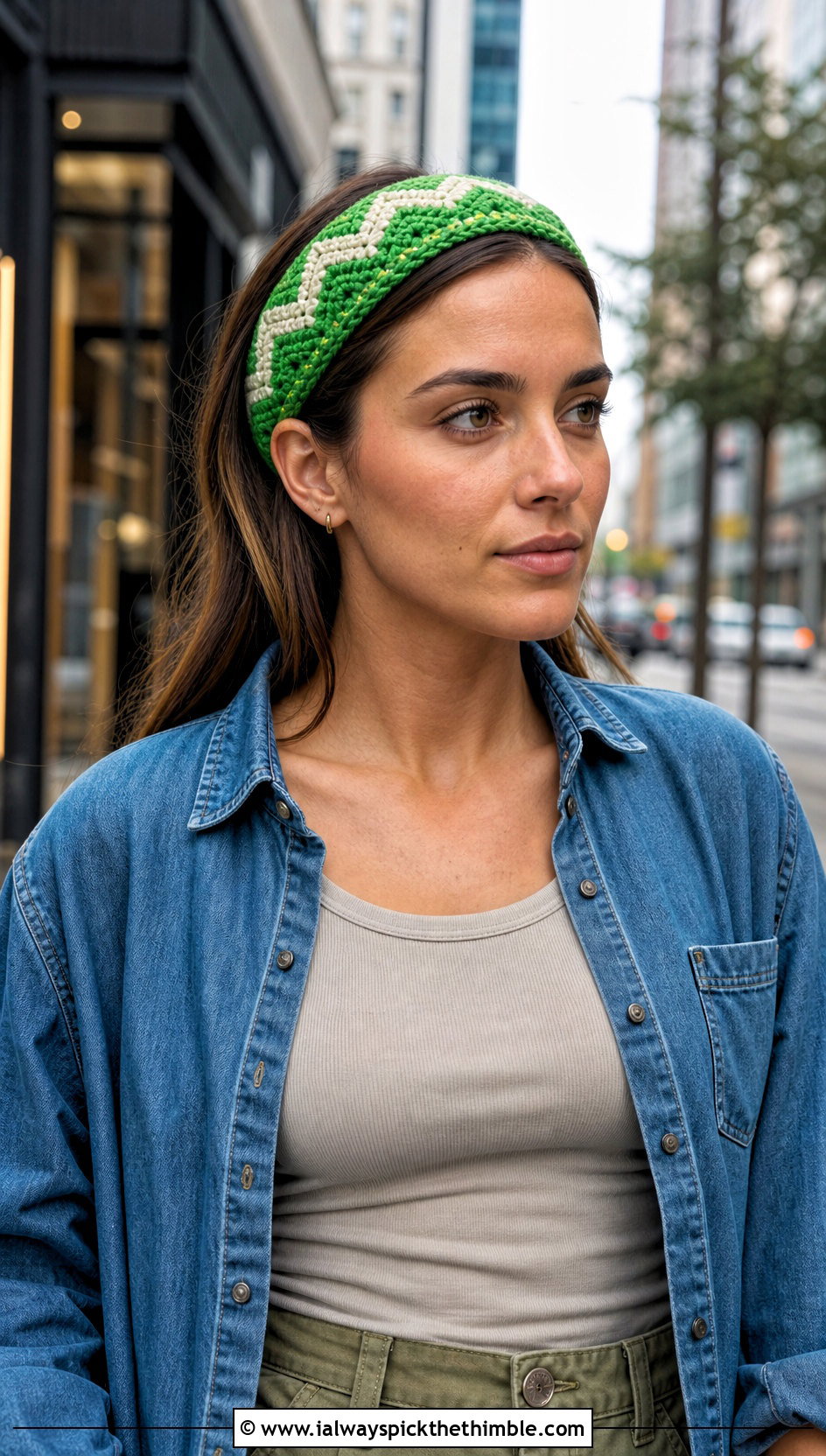 Chevron Crochet Headband With Denim Shirt And Cargo Pants - 20 quick crochet headband outfit ideas