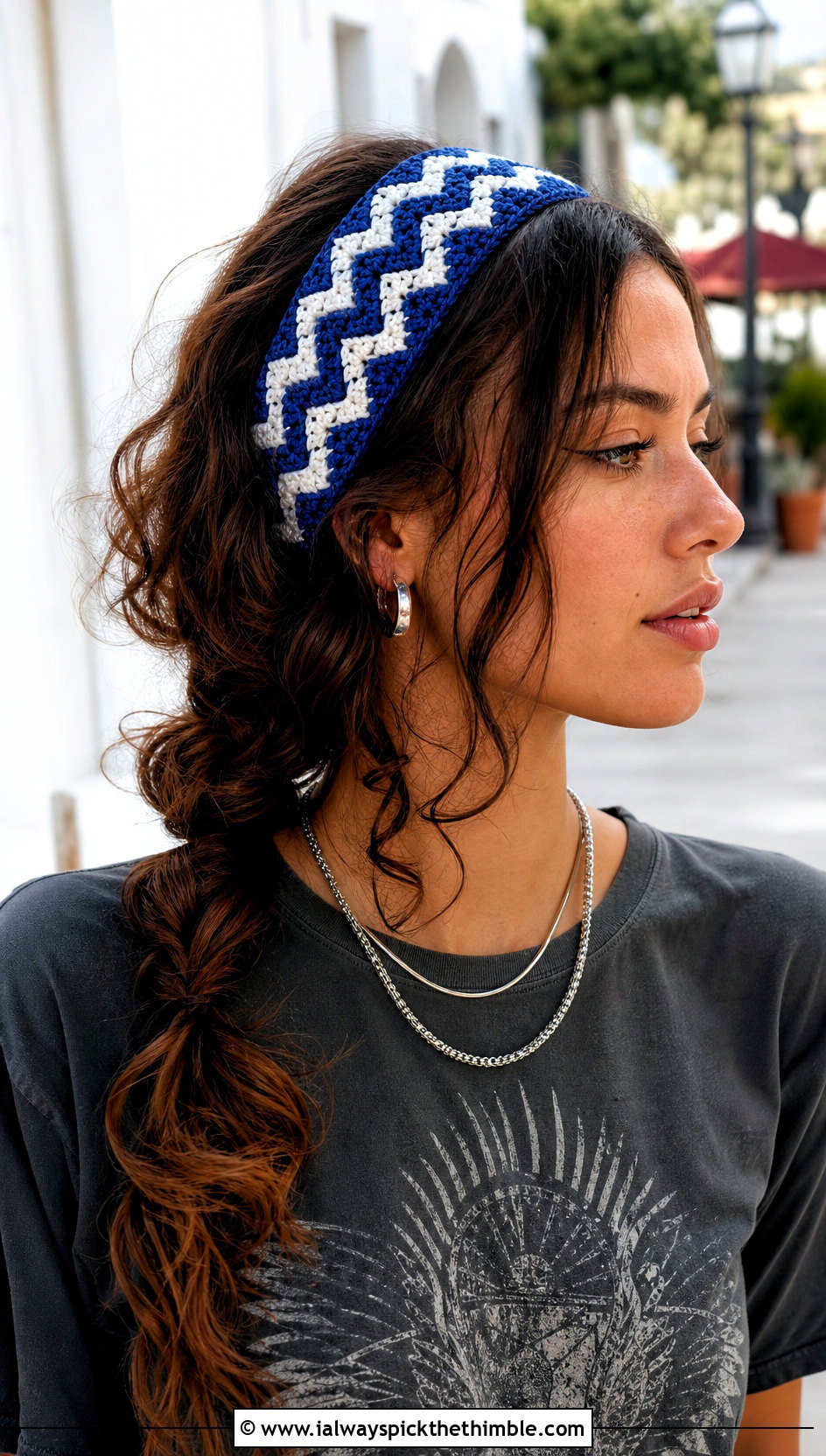 Chevron Crochet Headband With Graphic Tee And Wide Leg Pants - 20 crochet hair headband outfit ideas