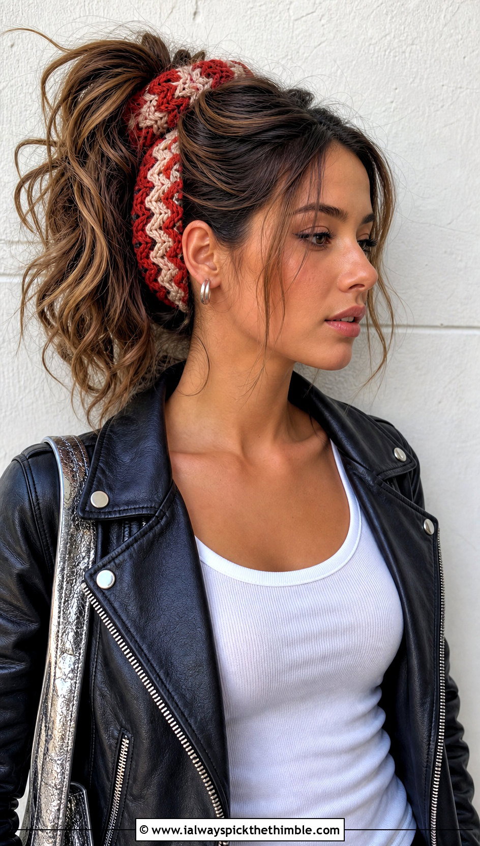 Chevron Crochet Headband With Hair Tie And Leather Jacket - 25 crochet headband with hair tie outfit ideas