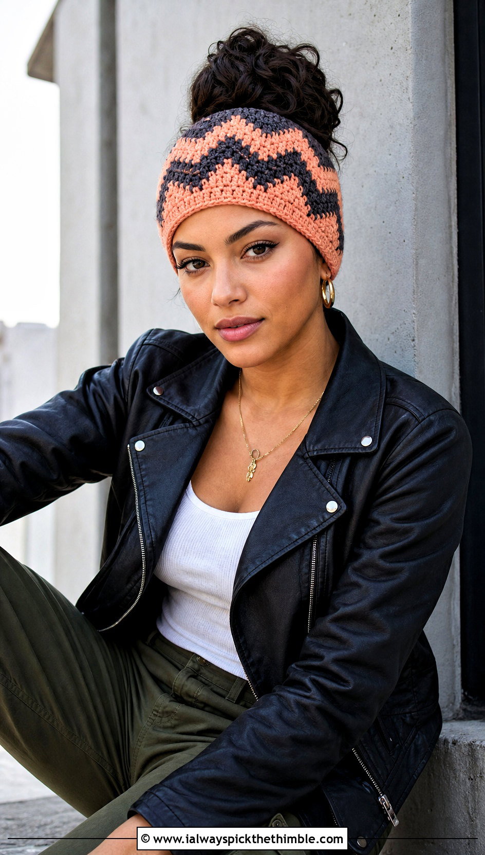 Chevron Crochet Headband With Leather Jacket And Cargo Pants - 25 crochet headbands outfit ideas