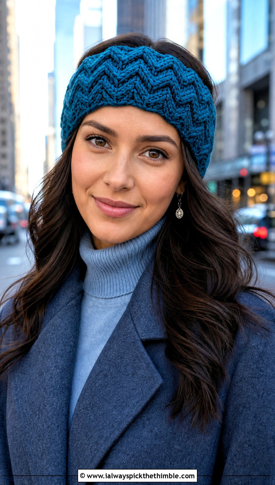 Chevron Crochet Headband With Monochrome Blue Outfit - 25 winter crochet headband outfit ideas