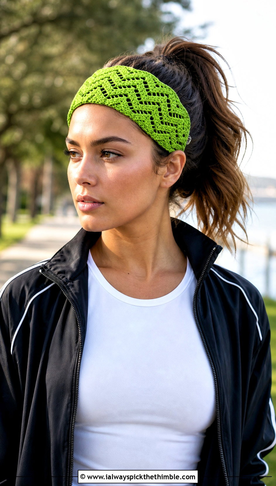 Chevron Crochet Headband With Track Jacket - 20 crochet fall headband outfit ideas