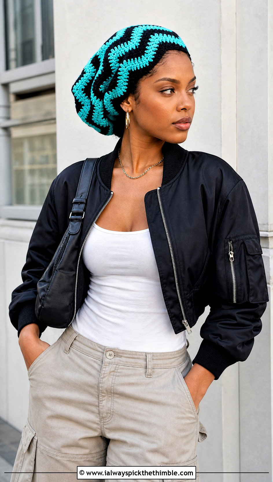 Chevron Crochet Headwrap With Bomber Jacket And Cargo Pants - 25 crochet headwrap outfit ideas
