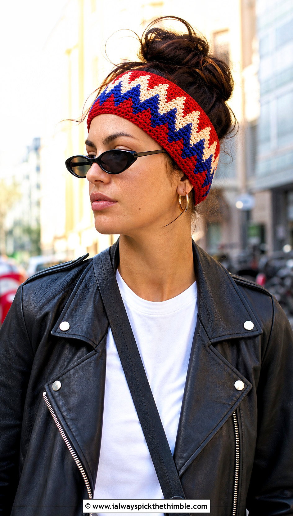 Chevron Crochet Hippie Headband With Leather Jacket - 20 crochet hippie headband outfit ideas