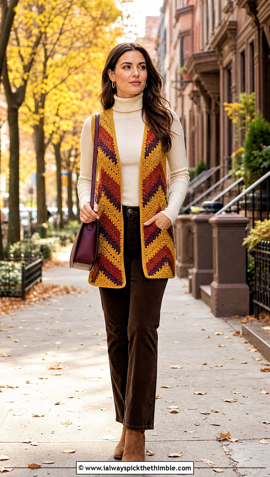Chevron Crochet Hippie Vest With Corduroy Pants - 20 crochet hippie vest outfit ideas
