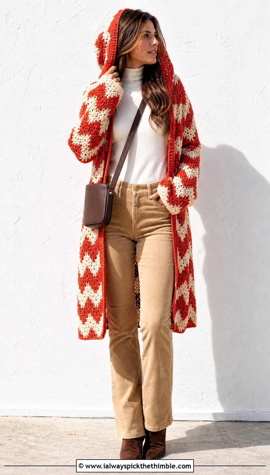 Chevron Crochet Hooded Cardigan With Corduroy Pants - 25 crochet hooded cardigan outfit ideas