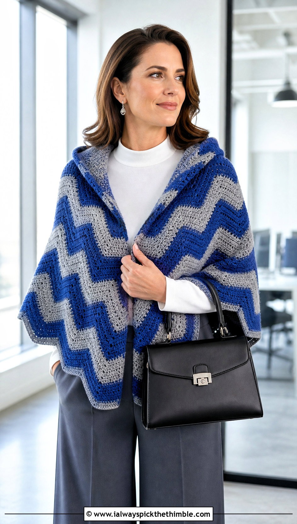 Chevron Crochet Hooded Shawl With Wide Leg Trousers - 25 crochet hooded shawl outfit ideas