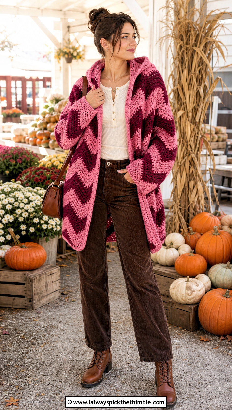 Chevron Crochet Hoodie Blanket With Corduroy Pants - 20 crochet hoodie blanket outfit ideas