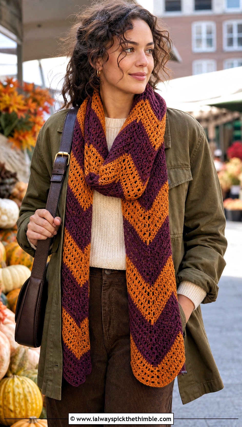 Chevron Crochet Lace Scarf With Shacket And Corduroy Pants - 25 crochet lace scarf outfit ideas