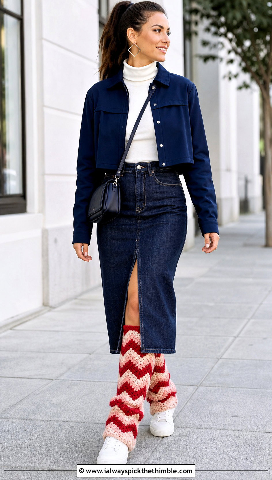 Chevron Crochet Leg Warmers With Denim Midi Skirt And Turtleneck - 20 Crochet Legwarmer outfit ideas