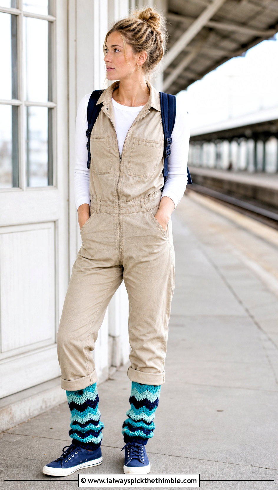 Chevron Crochet Legwarmers With Utility Jumpsuit And Sneakers - 25 crochet legwarmers outfit ideas