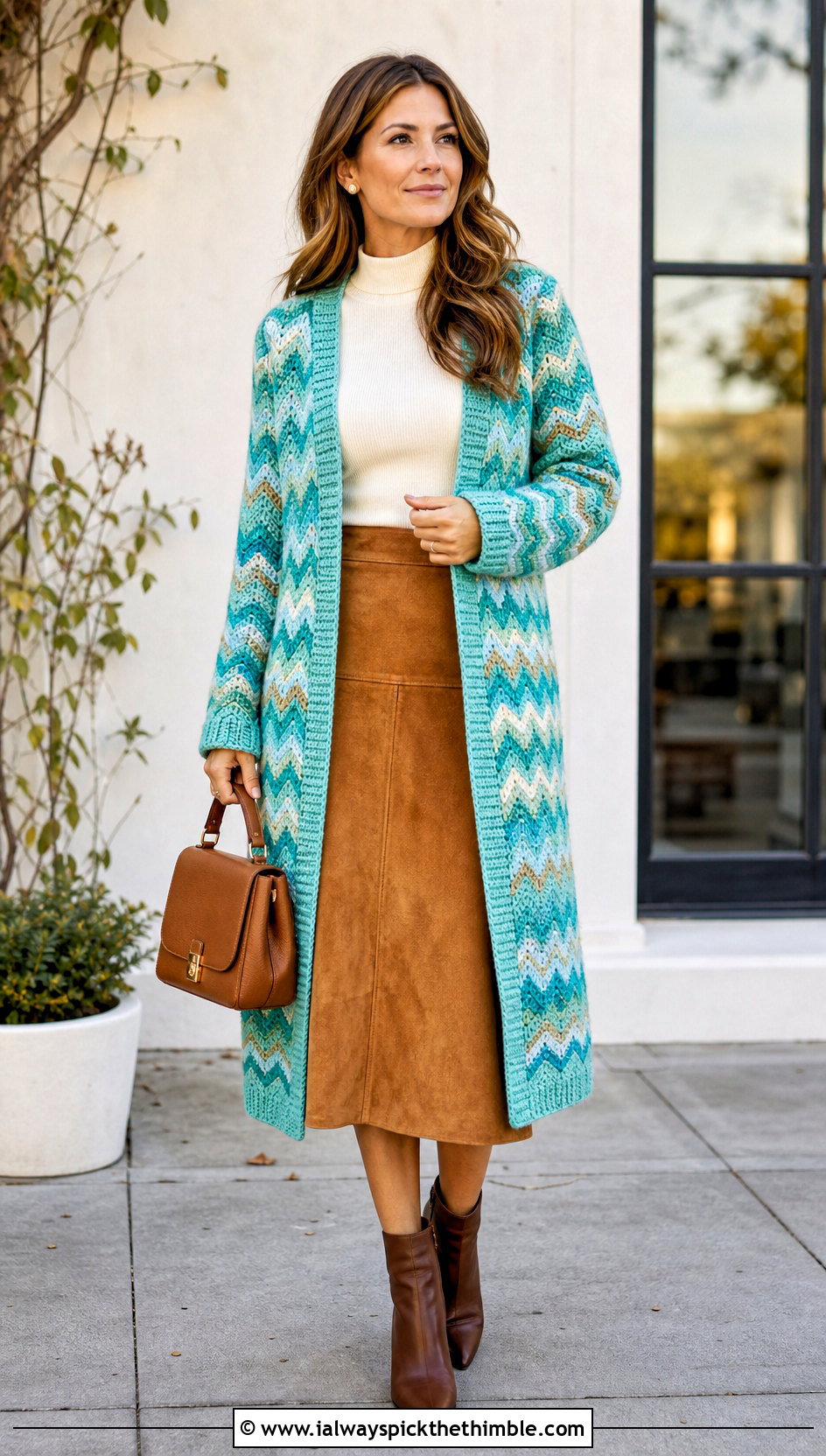 Chevron Crochet Long Cardigan With Suede Midi Skirt - 25 crochet long cardigan outfit ideas