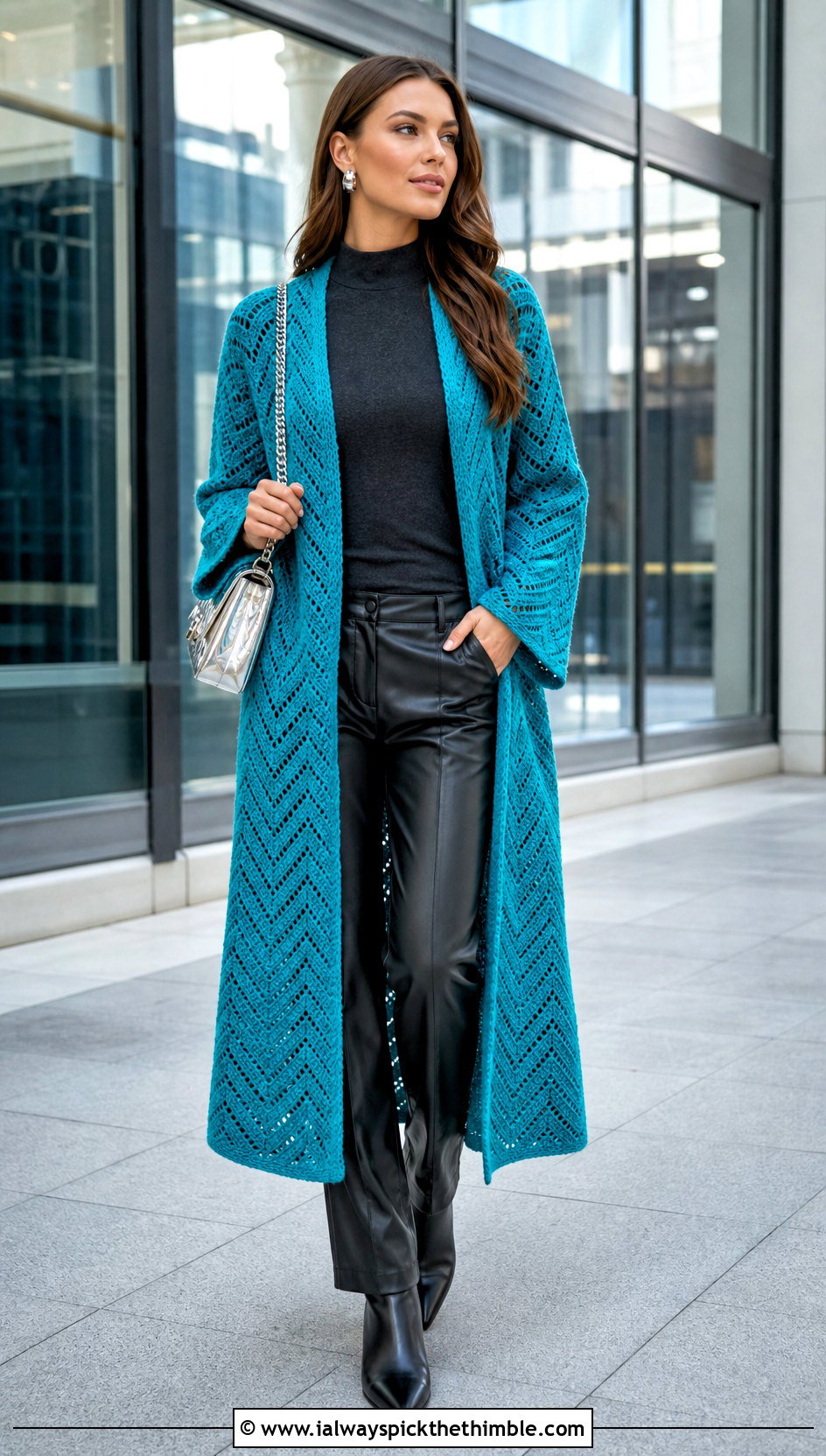 Chevron Crochet Long Coat With Leather Pants - 25 crochet long coat outfit ideas