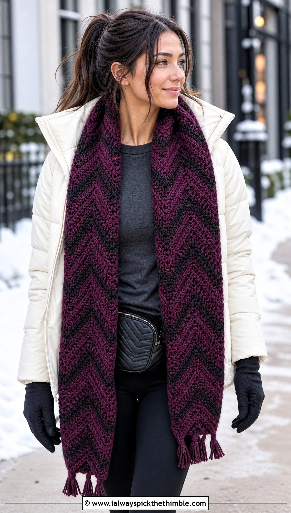 Chevron Crochet Long Scarf With Puffer Jacket - 20 Crochet Long Scarf outfit ideas