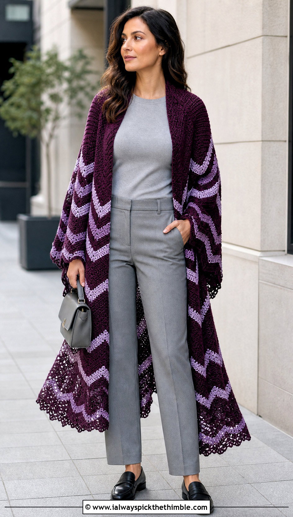 Chevron Crochet Long Shawl With Monochrome Basics - 20 Crochet Long Shawl outfit ideas