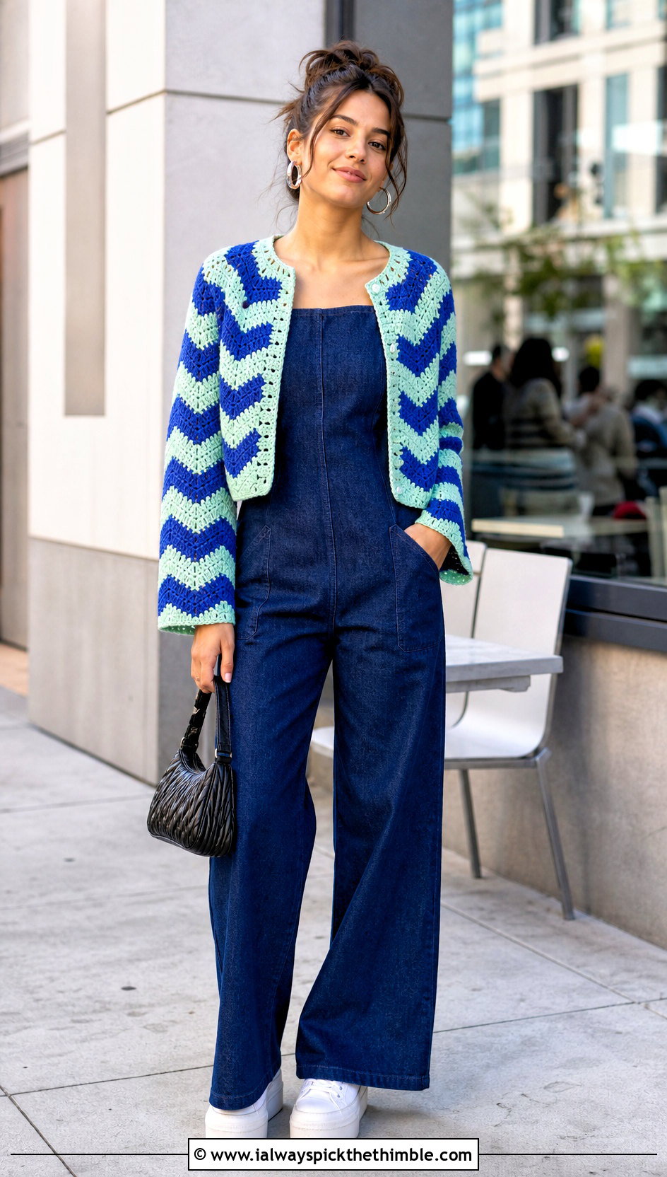 Chevron Crochet Long Sleeve Cardigan With Denim Jumpsuit - 20 Crochet Long Sleeve Cardigan outfit ideas