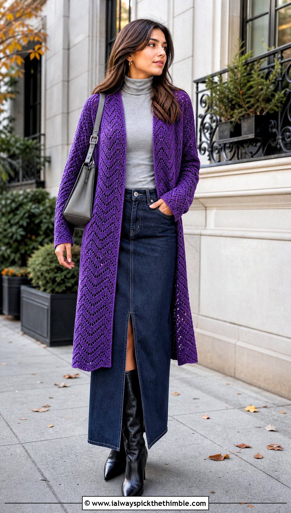 Chevron Crochet Long Sweater With Denim Maxi Skirt - 25 crochet long sweater outfit ideas