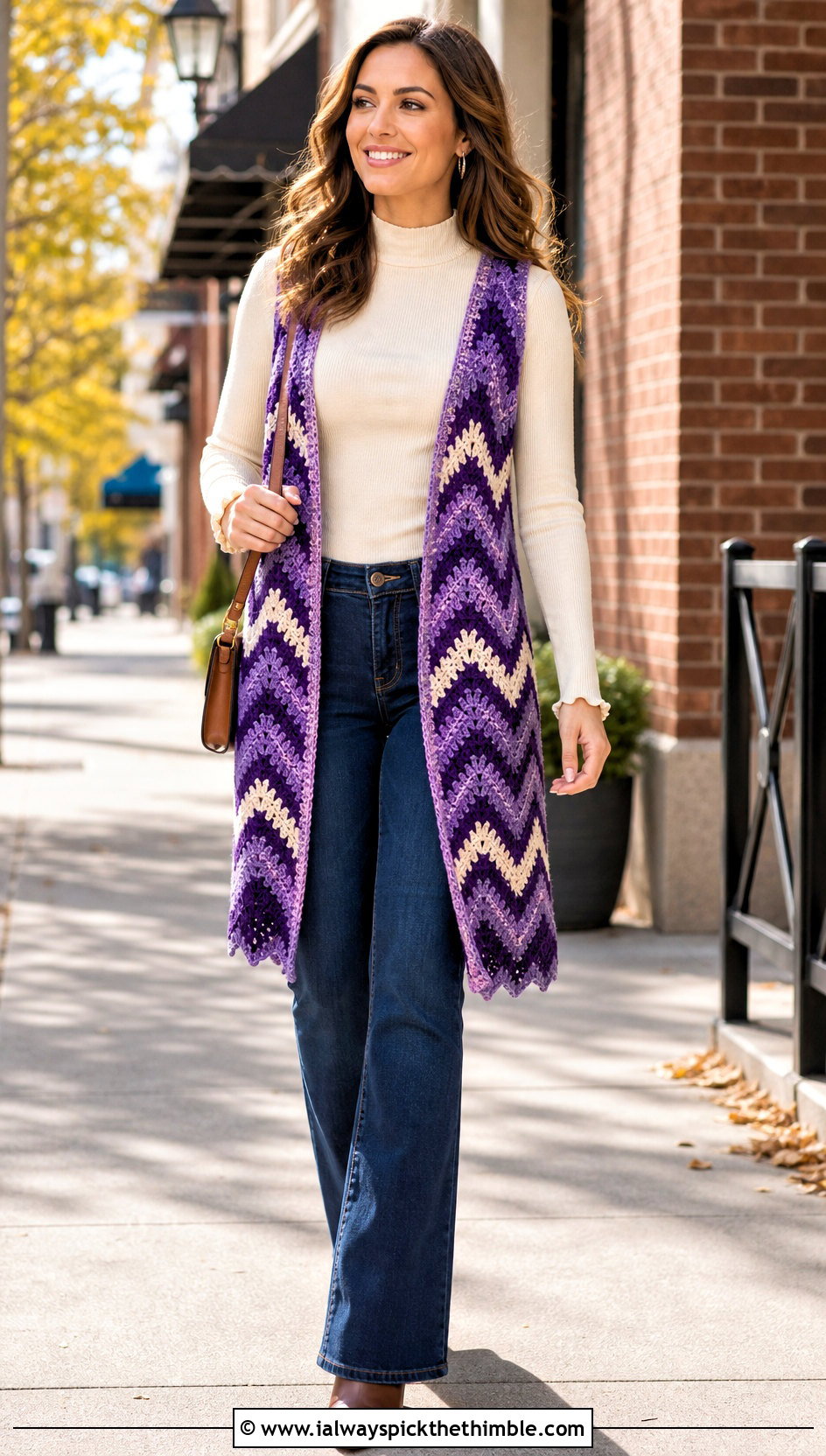 Chevron Crochet Long Vest With Bootcut Jeans - 20 Easy Crochet Long Vest outfit ideas