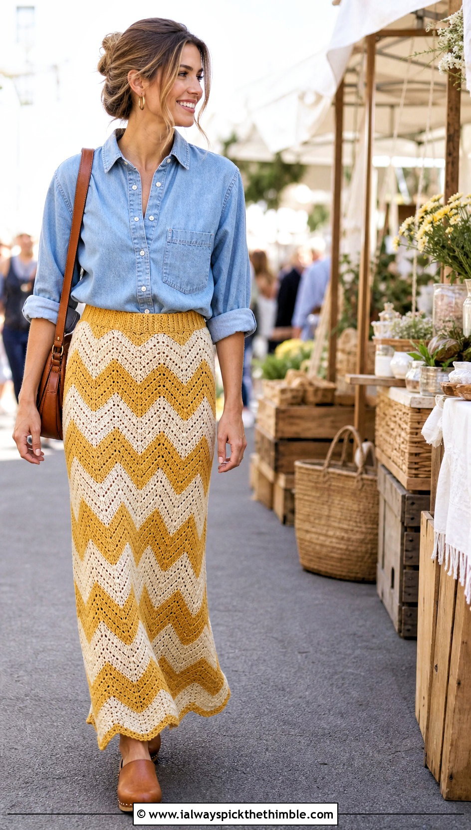Chevron Crochet Maxi Skirt With Chambray Shirt - 20 Beginner Crochet Skirt outfit ideas