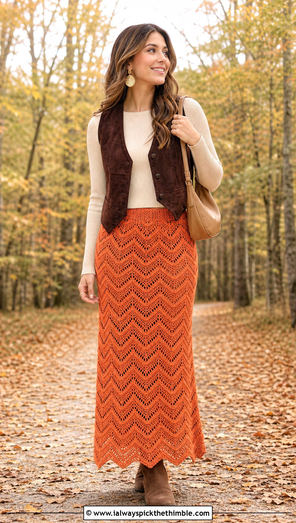 Chevron Crochet Maxi Skirt With Suede Vest - 15 Crochet Skirt Fairycore outfit ideas