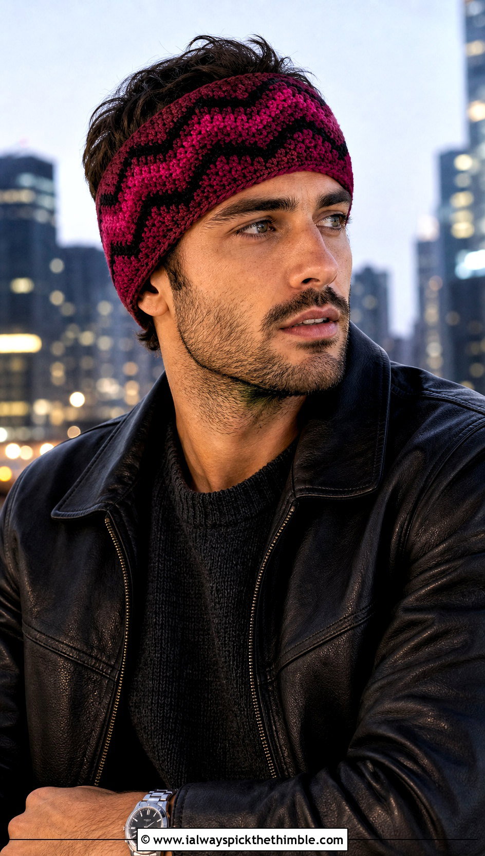 Chevron Crochet Mens Ear Warmer With Leather Jacket - 20 Crochet Mens Ear Warmer outfit ideas