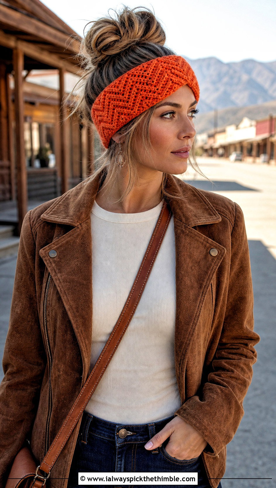 Chevron Crochet Messy Bun Ear Warmer With Western Jacket - 20 Crochet Messy Bun Ear Warmer outfit ideas